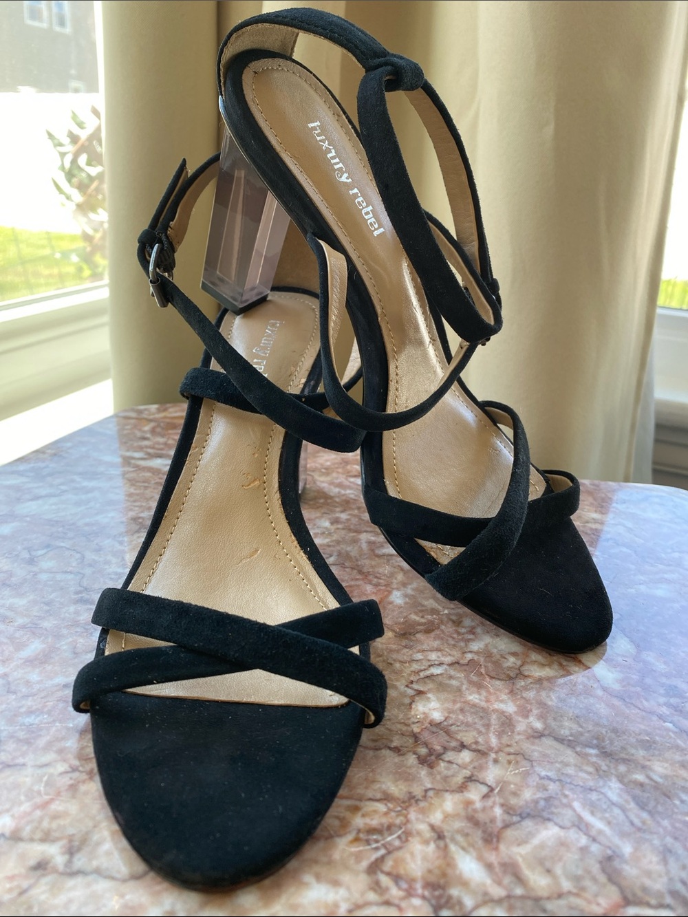 luxury rebel Black Suede Strappy Clear Block Heel Sandals